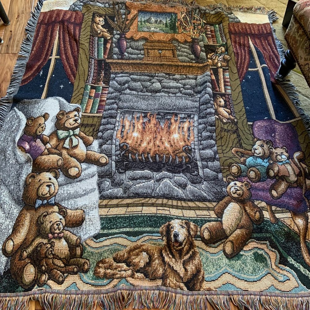 Dog & Bears  by the Fireplace Throw